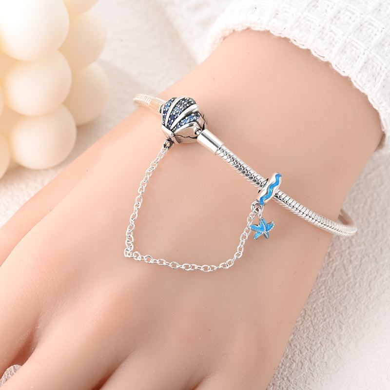 Snake Chain Charm Bracelet with Safety Chain - Blue Seashell Barrel Clasp