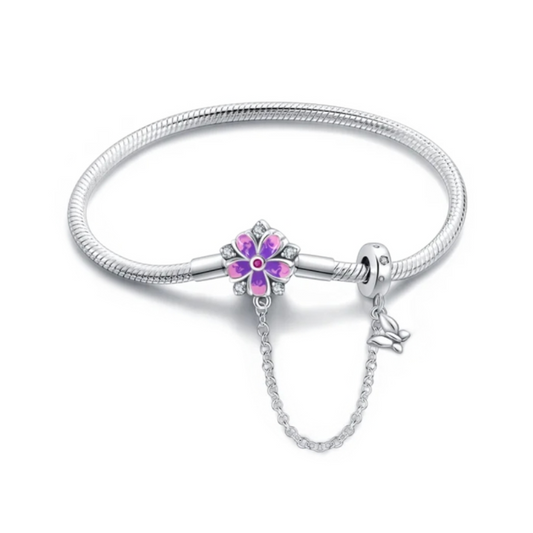 Snake Chain Charm Bracelet with Barrel Clasp - Pink and Purple Flower