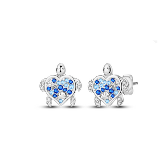 Heart Shaped Tortoise Studd Earrings - Blue and Clear cubic zirconia