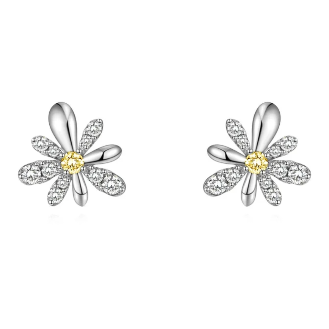 Daisy stud earrings - Sterling silver with cubic zirconia